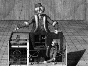 A copper engraving of the Turk, showing the open cabinets and working parts.